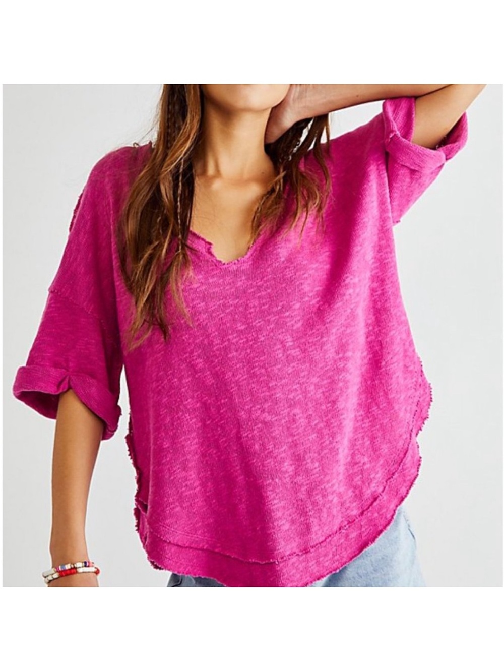 We The Free By Free People Fuchsia Pink North Star V- Neck Tee-Shirt Sweater XS